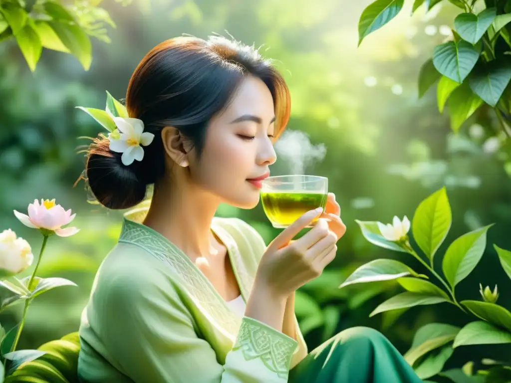 Una hermosa ilustración en acuarela de una mujer disfrutando de una taza de té verde en un jardín tranquilo, rodeada de vegetación exuberante y flores