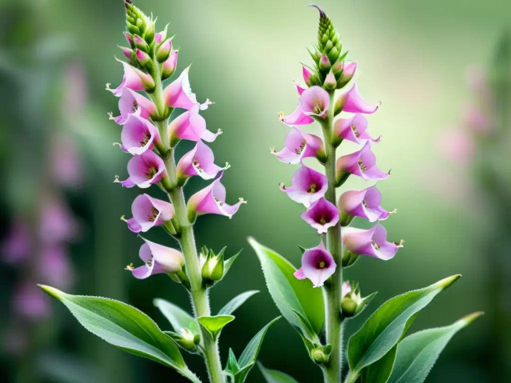 Una hermosa acuarela de una planta de digitalis en flor, con delicadas flores rosadas y moradas