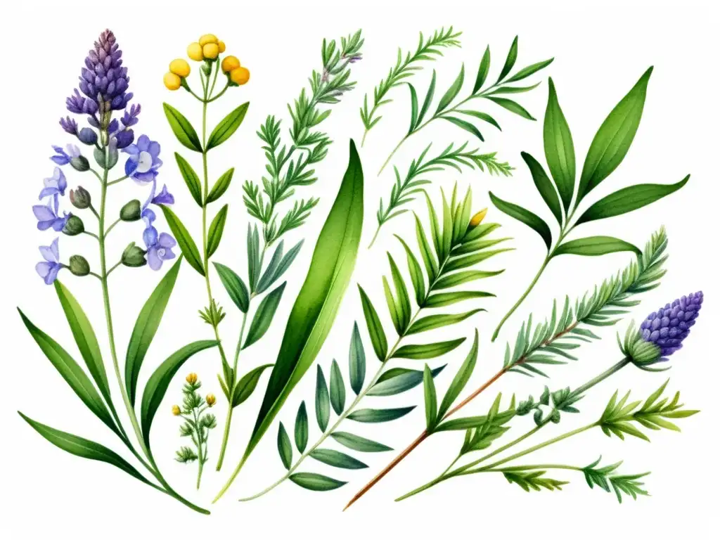 Una hermosa acuarela de remedios herbales para el acné, como lavanda, árbol de té, manzanilla y sábila