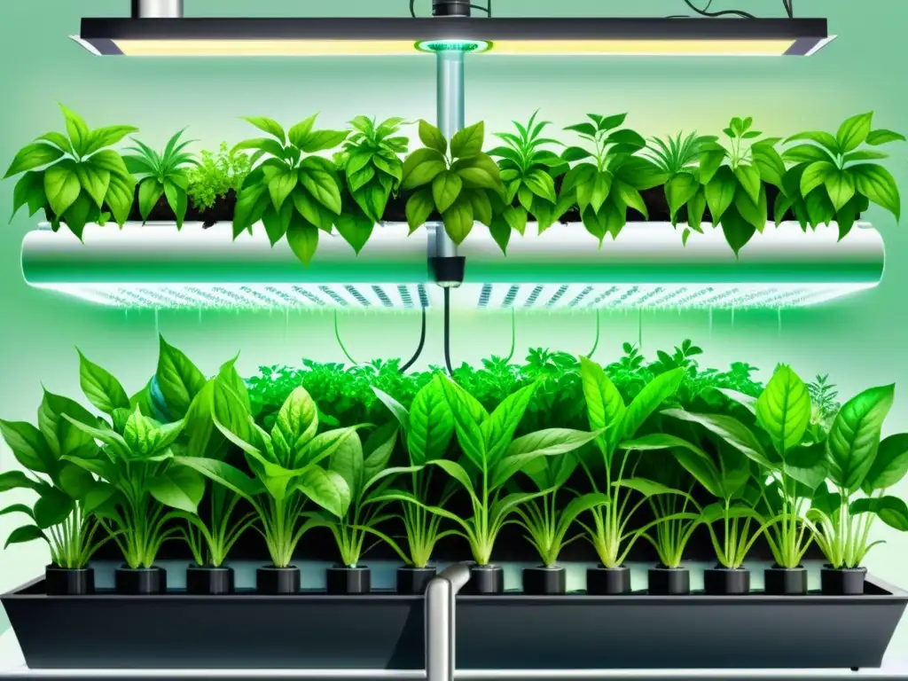 Hermosa acuarela de un sistema hidropónico sofisticado con plantas exuberantes y herramientas de monitoreo para hidroponía avanzadas