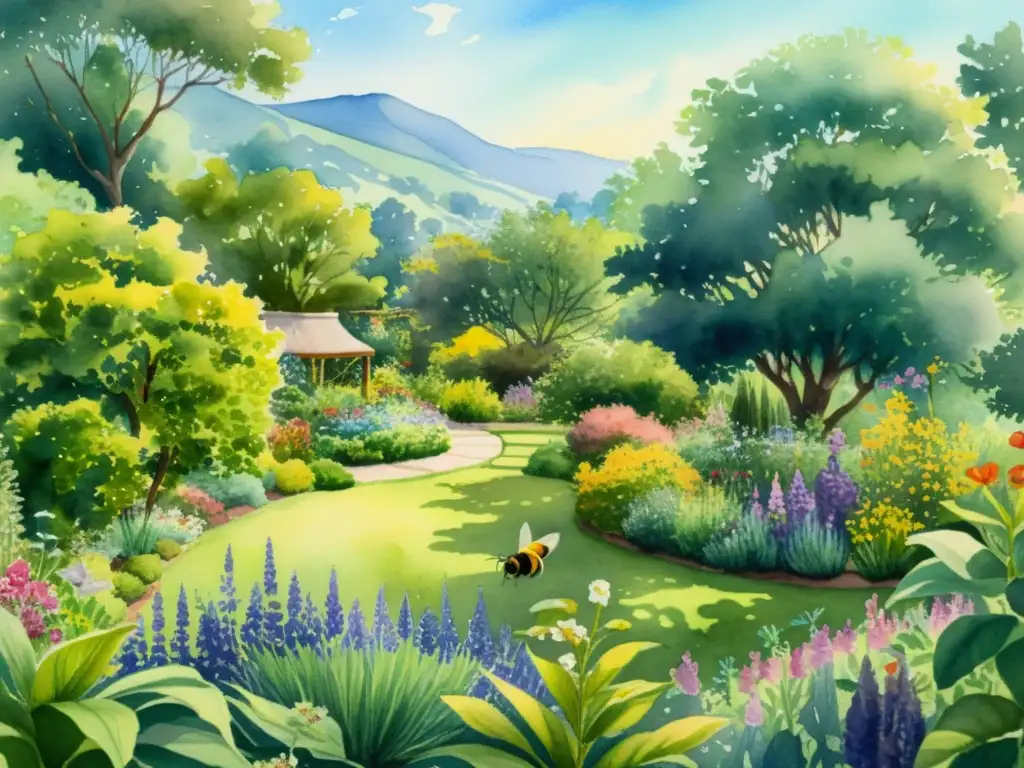 Pintura acuarela detallada de jardín medicinal sereno Una hermosa acuarela de un jardín tranquilo lleno de plantas medicinales, con detalles meticulosos y vida vibrante