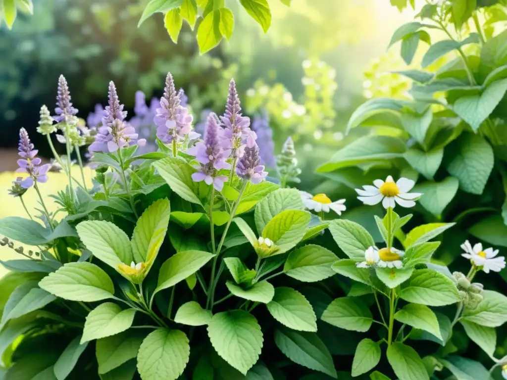 Una hermosa ilustración en acuarela de un jardín tranquilo con plantas medicinales para ansiedad, como lavanda, manzanilla y melisa, evocando serenidad y curación natural