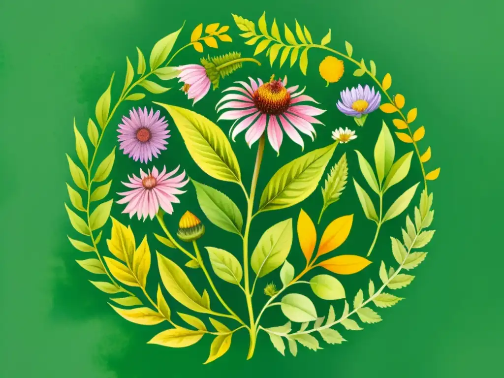 Una hermosa ilustración de acuarela que muestra una variedad de plantas medicinales fortalecer sistema inmune en un mandala circular