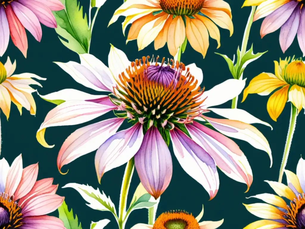 Una hermosa ilustración en acuarela de una vibrante Echinacea purpurea morada capturando la luz del sol