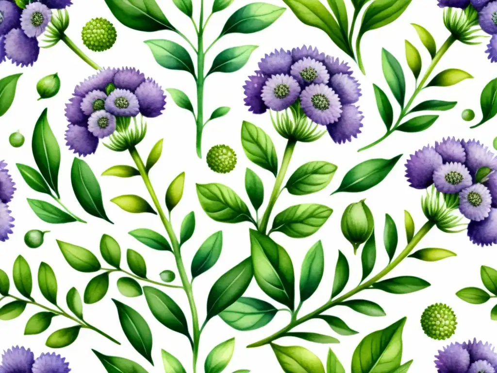 Una hermosa ilustración en acuarela de una vibrante planta de chía en plena floración, con delicadas flores moradas y exuberantes hojas verdes