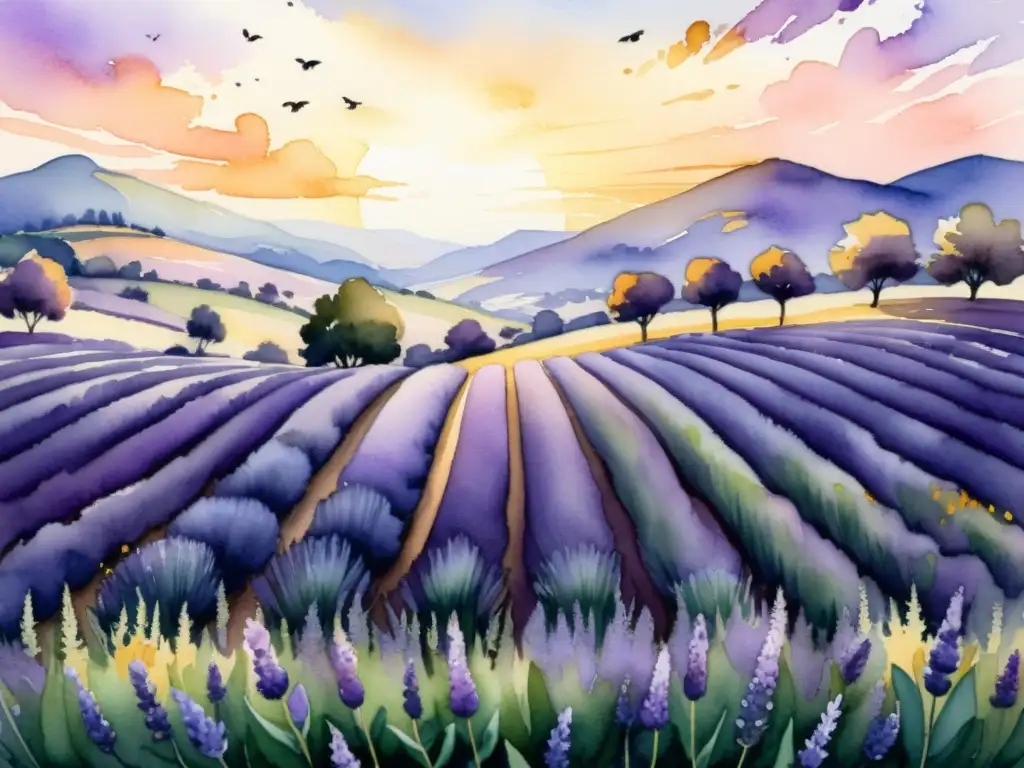 Una hermosa ilustración acuarela de un apacible campo de lavanda al atardecer, con plantas moradas vibrantes que se extienden hacia el horizonte, en una escena tranquila y relajante