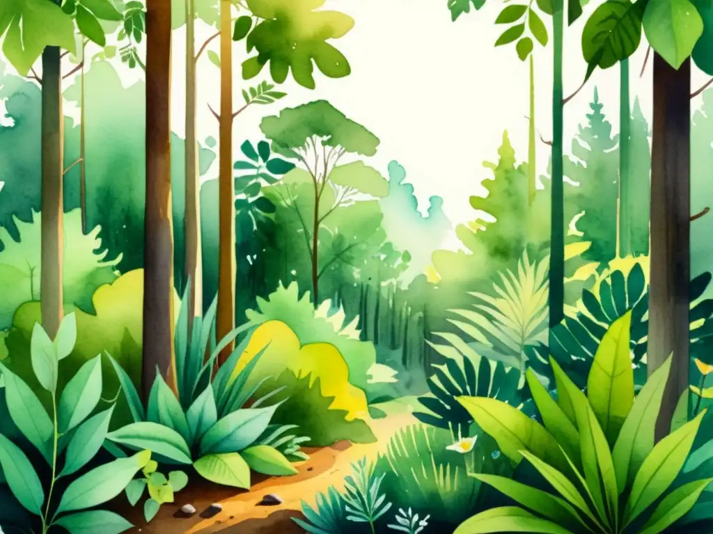 Hermosa ilustración acuarela de un bosque sereno con plantas medicinales