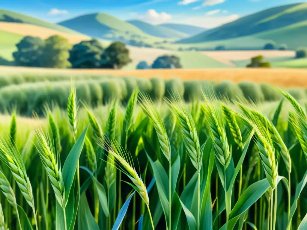 Una hermosa ilustración acuarela de un campo de cebada verde vibrante bajo el cielo azul