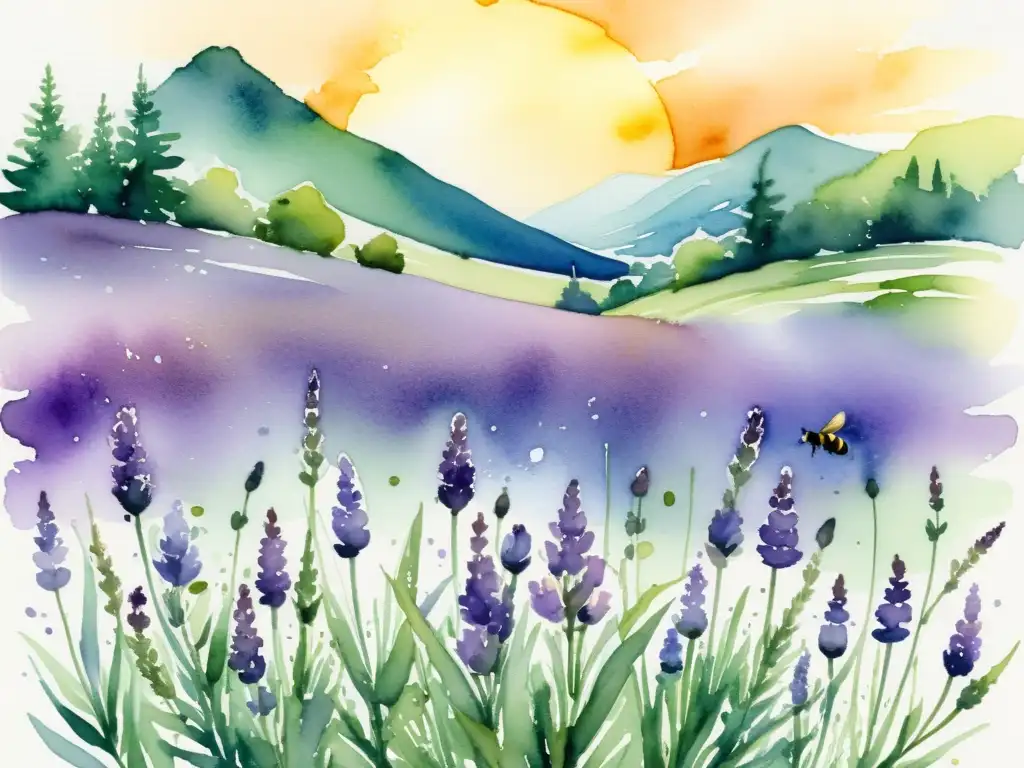 Una hermosa ilustración acuarela de un campo de lavanda en flor, bañado por el cálido sol de la mañana