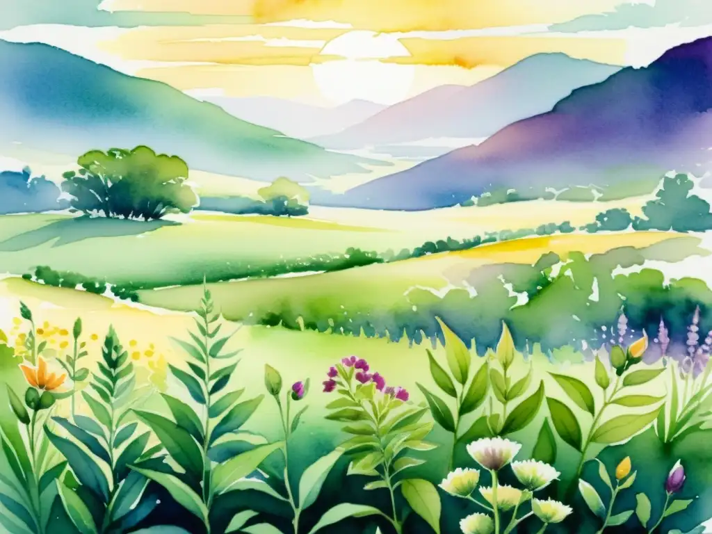 Una hermosa ilustración acuarela de un campo verde exuberante con flores vibrantes