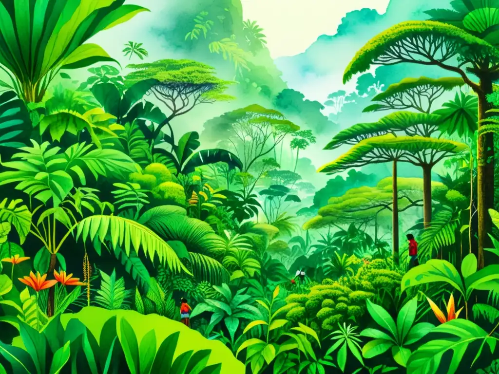 Una hermosa ilustración detallada en acuarela de una exuberante selva tropical llena de vida vegetal diversa, con personas indígenas cuidando cuidadosamente la flora y recopilando conocimientos sobre las propiedades medicinales de varias plantas