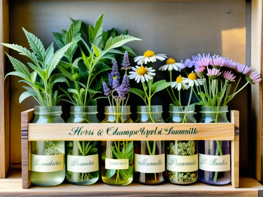 Una hermosa ilustración detallada en acuarela de plantas medicinales como lavanda, manzanilla, menta y equinácea en una caja de madera rústica