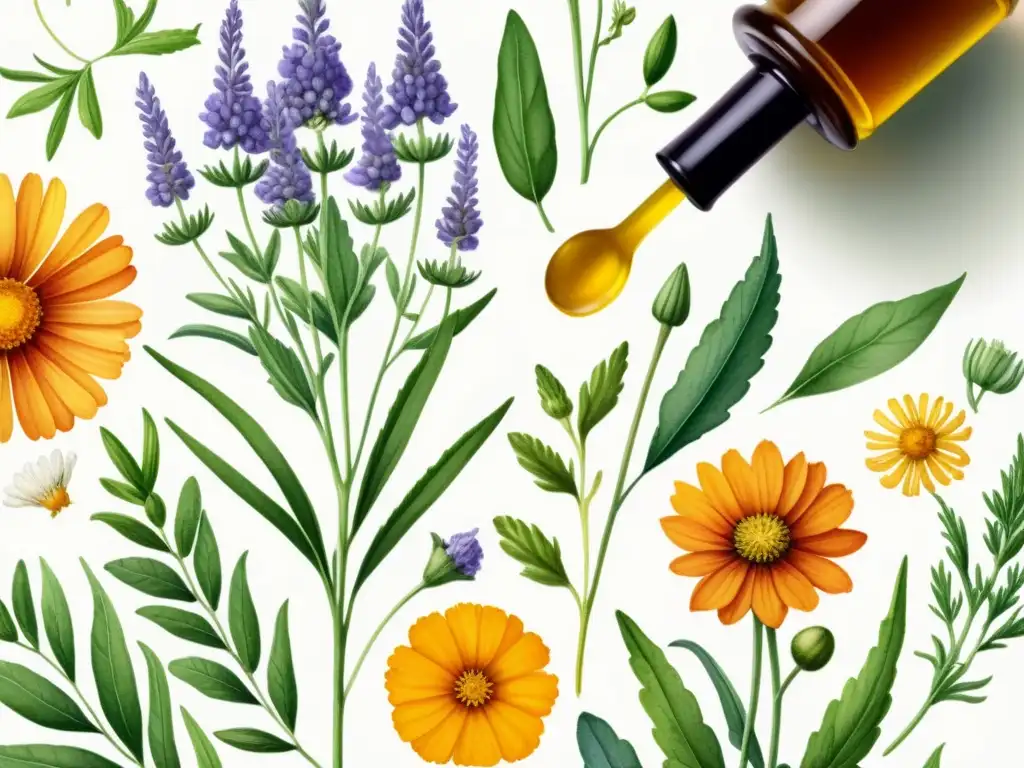 Una hermosa ilustración detallada en acuarela muestra la preparación de pomadas medicinales a base de hierbas como lavanda, manzanilla y caléndula