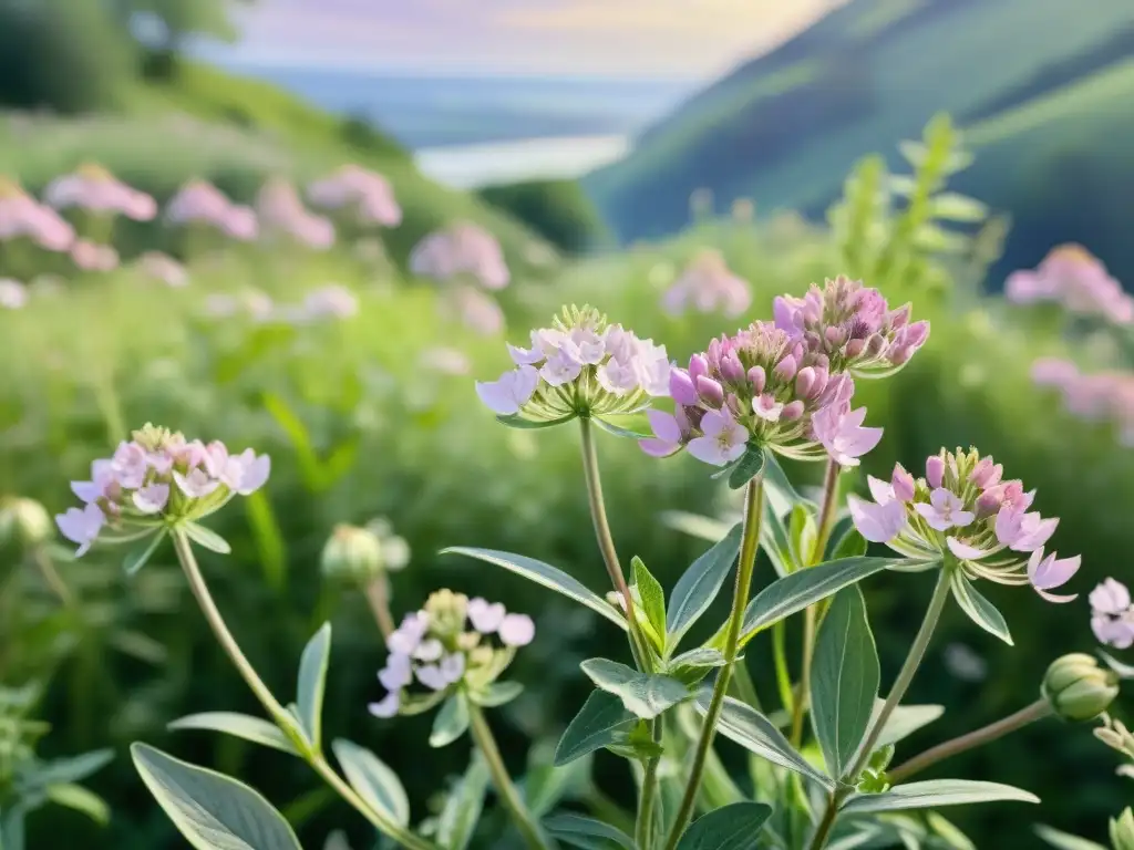 Una hermosa ilustración detallada en acuarela de un sereno prado lleno de vibrantes flores de valeriana, evocando tranquilidad y belleza natural