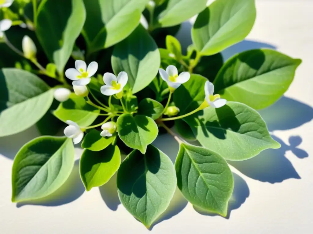 Una hermosa ilustración detallada de una exuberante planta de bacopa monnieri con delicadas flores blancas y hojas verdes