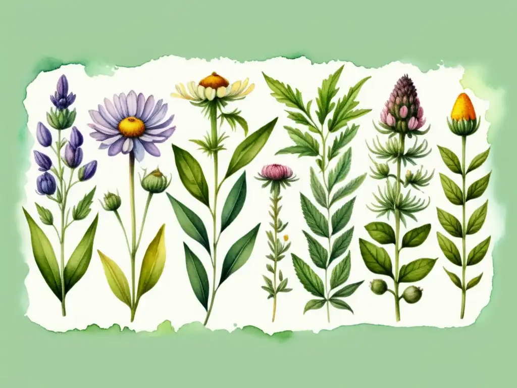 Una hermosa ilustración detallada de hierbas medicinales como lavanda, manzanilla, equinácea y menta, en una composición botánica