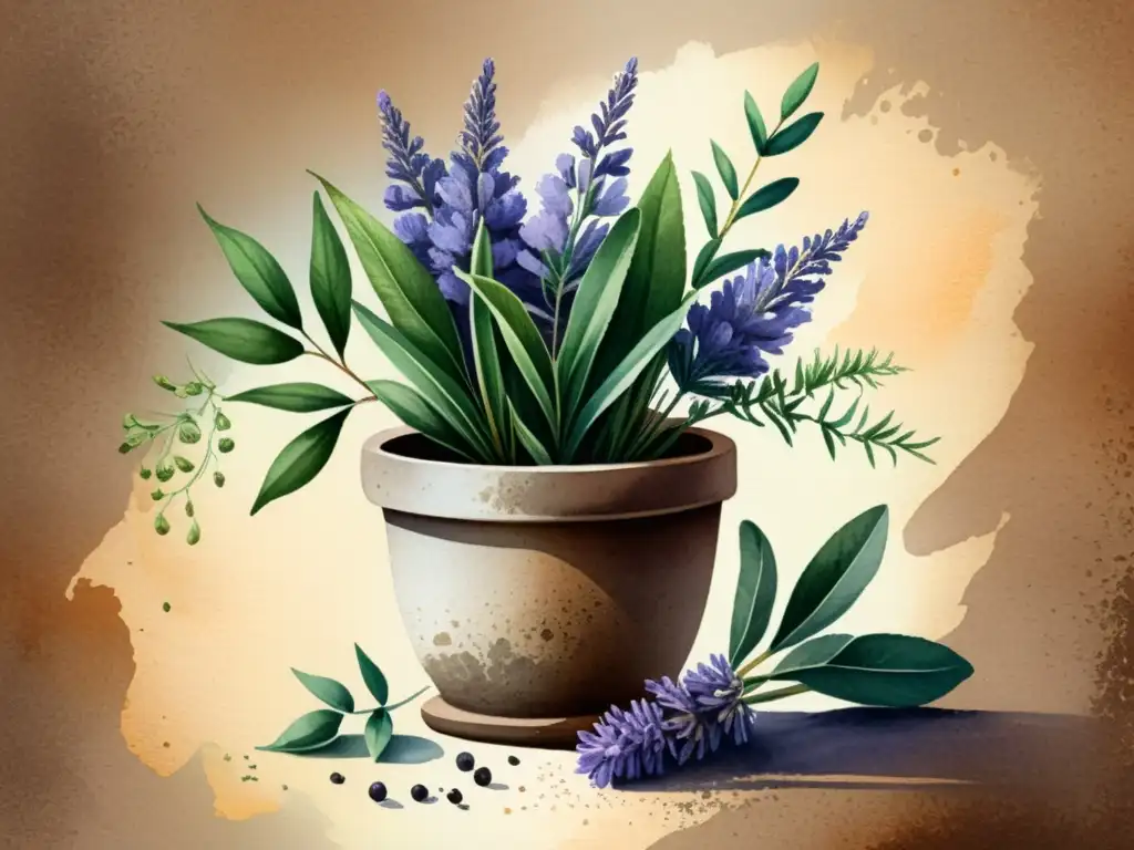 Una hermosa ilustración detallada de hierbas vibrantes y exuberantes como lavanda, árbol de té y eucalipto en un mortero rústico