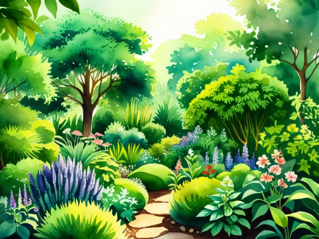 Una hermosa ilustración acuarela de un exuberante jardín con plantas medicinales, transmitiendo tranquilidad y sanación