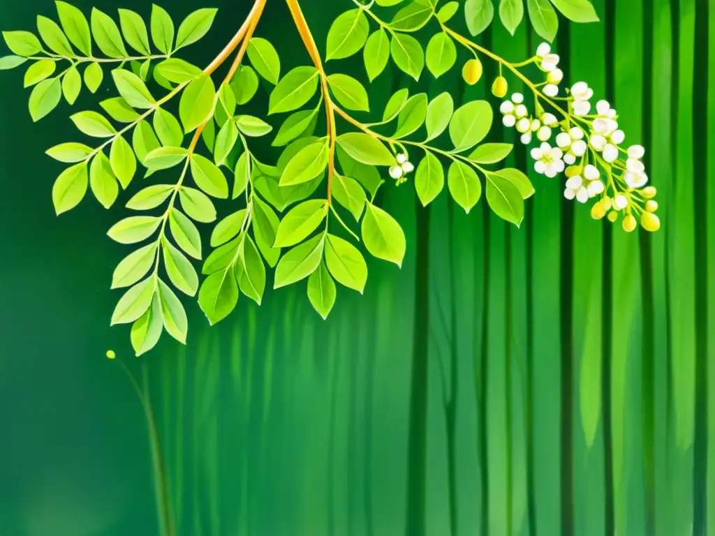 Una hermosa ilustración acuarela de un frondoso árbol de moringa, con detalles de hojas verdes, flores blancas y vainas