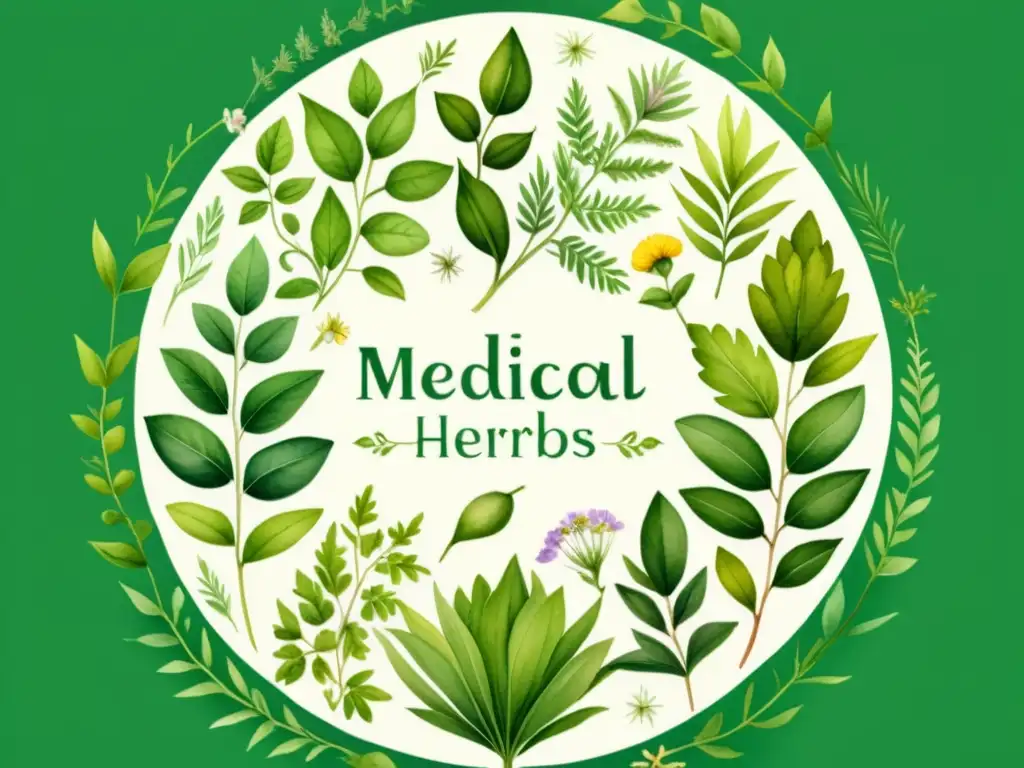 Una hermosa ilustración acuarela de hierbas medicinales, representando la belleza natural y la conexión de la herbolaria ética