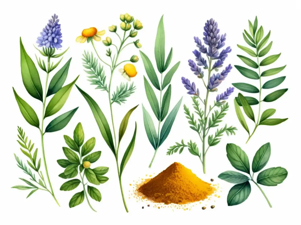 Una hermosa ilustración acuarela de hierbas medicinales como lavanda, manzanilla, jengibre y cúrcuma, evocando alivio natural