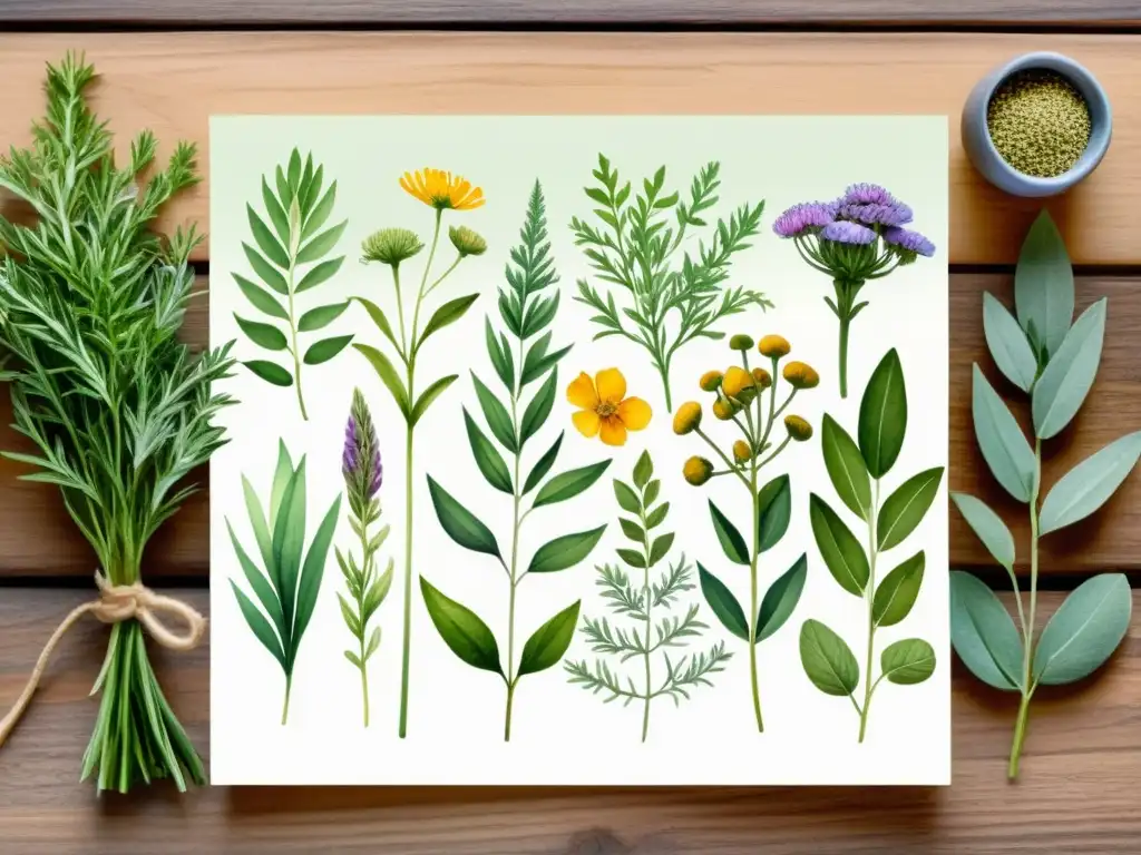 Arreglo sereno de hierbas y flores en acuarela Una hermosa ilustración acuarela de hierbas y flores recién recolectadas, listas para la preparación de cápsulas herbales terapéuticas