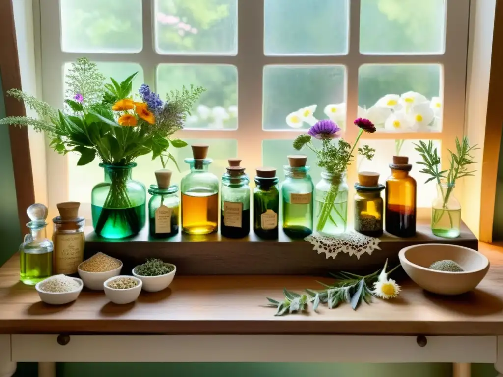 Una hermosa ilustración de una mesa de boticario de madera cubierta de frascos y tarros de vidrio llenos de hierbas, flores y aceites vibrantes