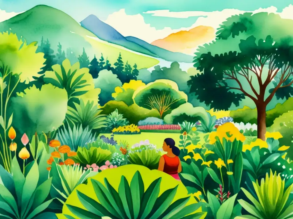 Una hermosa ilustración acuarela muestra a personas indígenas cuidando un exuberante jardín botánico, transmitiendo sabiduría y conexión a la tierra