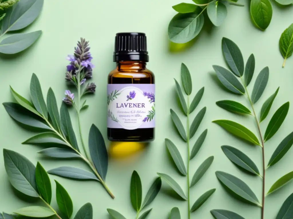 Una hermosa pintura acuarela de aceites esenciales alergénicos como lavanda, menta y eucalipto, rodeados de hojas verdes vibrantes y delicados acentos florales