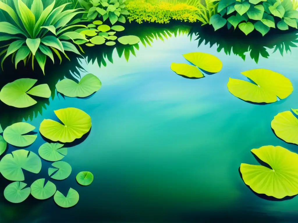 Una hermosa pintura acuarela de un estanque tranquilo con exuberantes plantas acuáticas reflejadas en el agua quieta