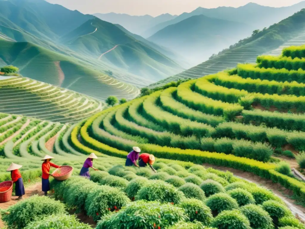 Una hermosa pintura acuarela de una exuberante granja de bayas goji en China, con trabajadores cosechando con cuidado las vibrantes bayas rojas