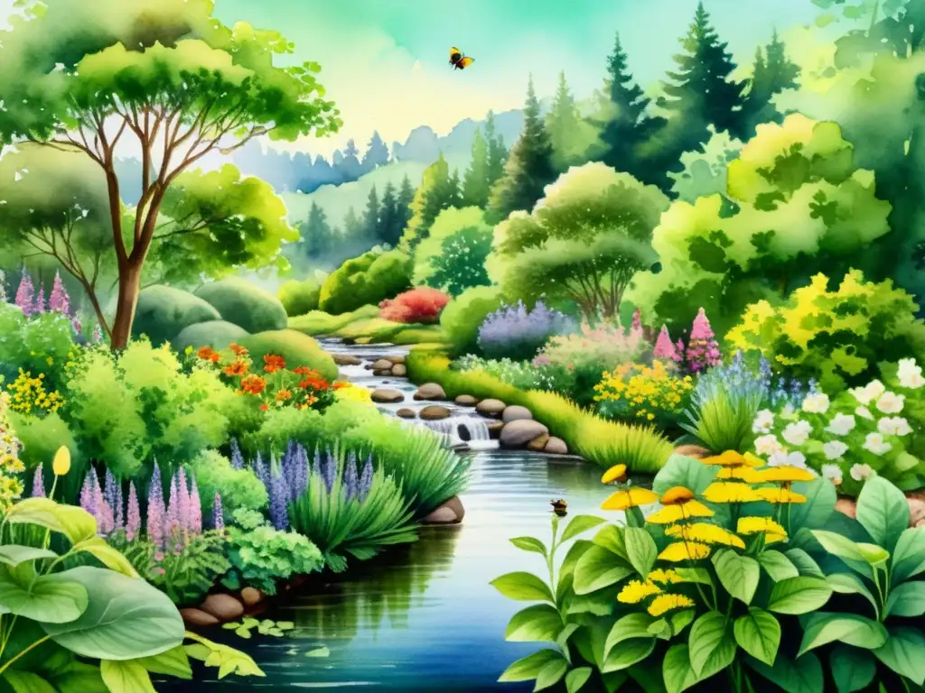 Una hermosa pintura acuarela de un exuberante jardín de hierbas rodeado de naturaleza, con la keyword 'Herbolaria en naturopatía del siglo XX'