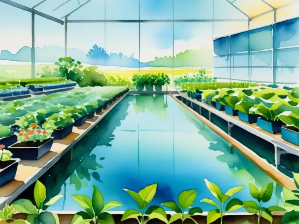 Una hermosa pintura acuarela de una granja hidropónica bañada por la cálida luz del sol, con exuberantes plantas verdes prosperando en el agua rica en nutrientes, mientras el ambiente de temperatura controlada garantiza condiciones óptimas de cultivo