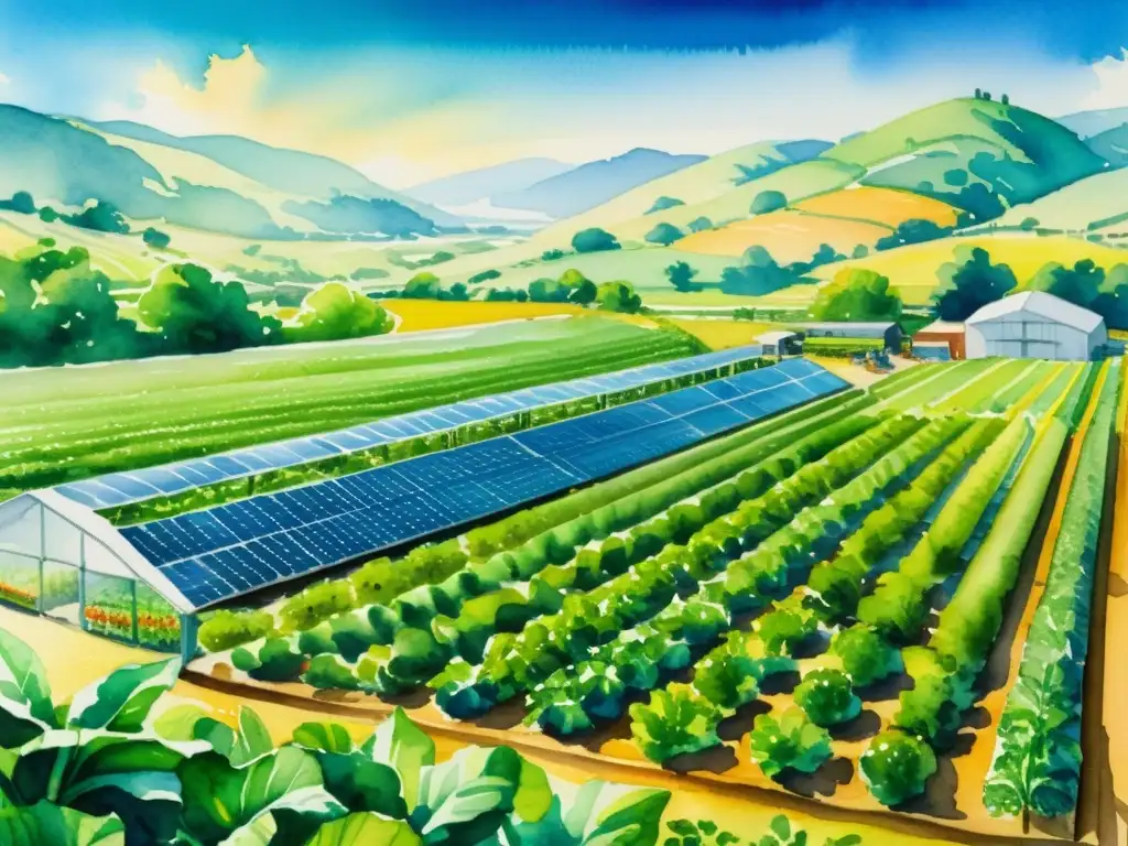 Una hermosa pintura acuarela muestra una granja hidropónica a gran escala comercial, con vegetales y verduras en un entorno vibrante y exuberante