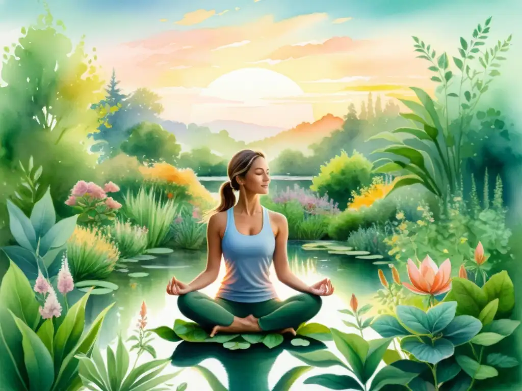 Una hermosa pintura acuarela muestra a una mujer practicando yoga entre hierbas adaptógenas para combatir estrés