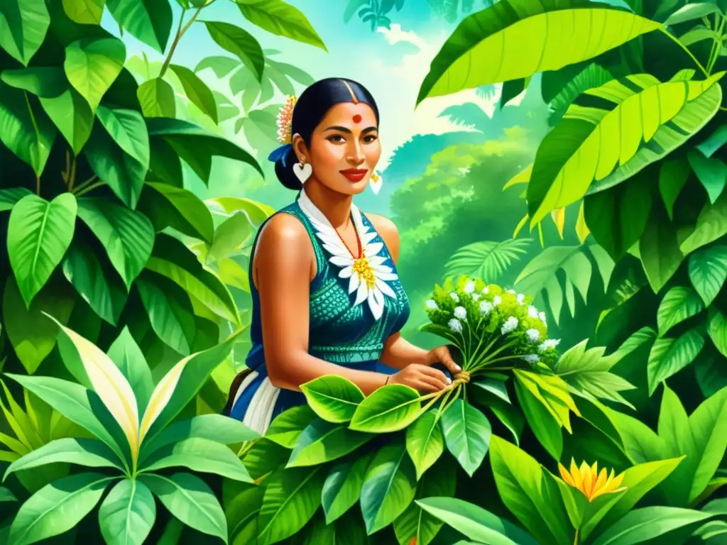 Una hermosa pintura acuarela de una mujer maya recolectando hojas de chaya en la exuberante selva