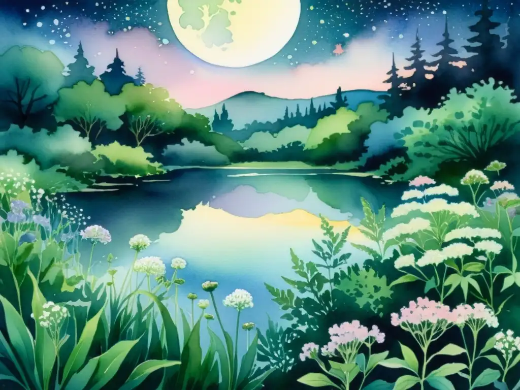 Una hermosa pintura de acuarela nocturna con un sereno jardín de valeriana en plena floración, ofreciendo beneficios valeriana para dormir