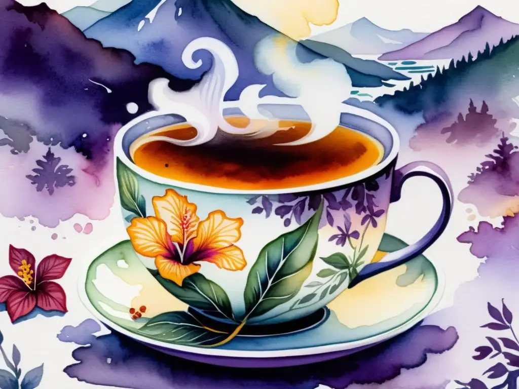 Una hermosa pintura detallada de acuarela de una taza de té negro humeante, rodeada de hojas de té secas y flores de hibisco púrpura