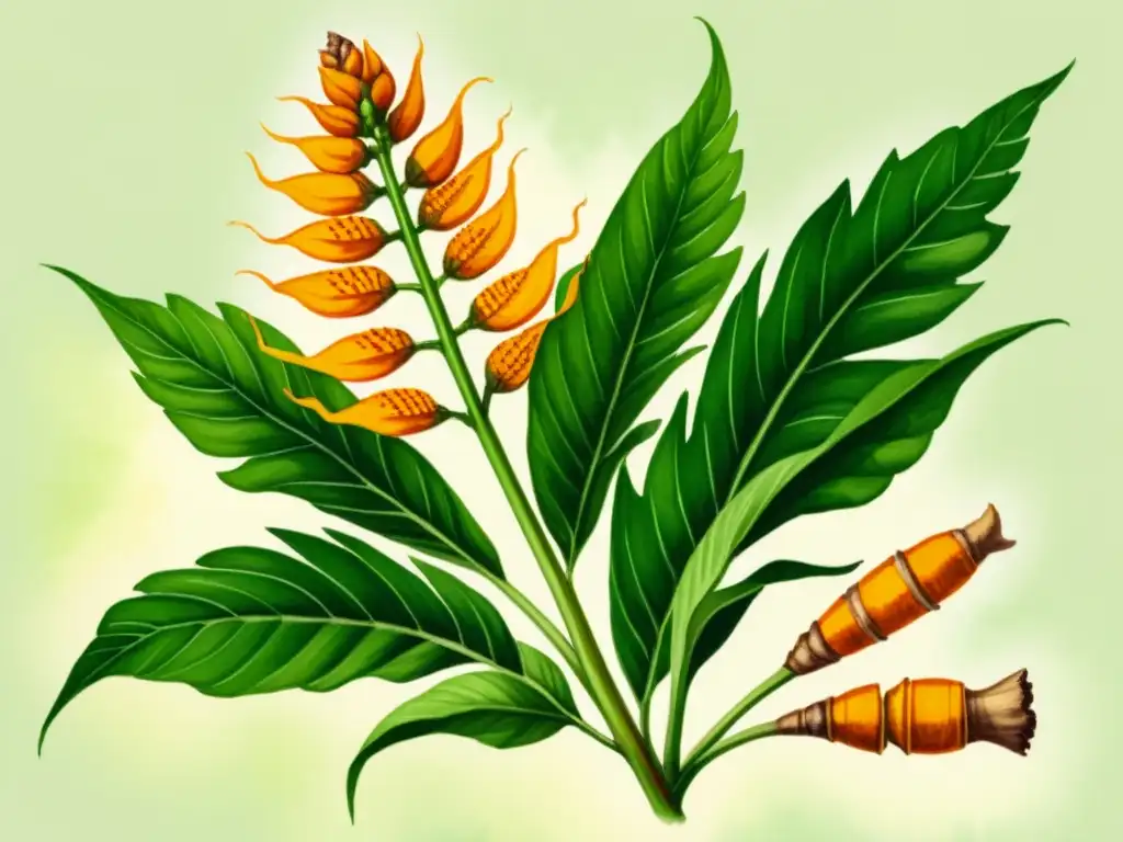 Ilustración acuarela de una planta de cúrcuma vibrante Una hermosa ilustración acuarela de una planta de cúrcuma vibrante y floreciente, con hojas verdes y rizomas dorado-naranja
