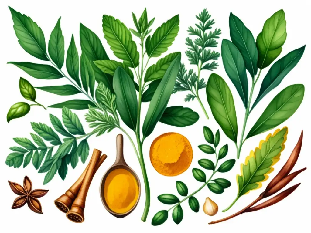 Una hermosa ilustración acuarela de plantas medicinales antiinflamatorias, como cúrcuma, jengibre y canela, con detalles vibrantes y exuberantes