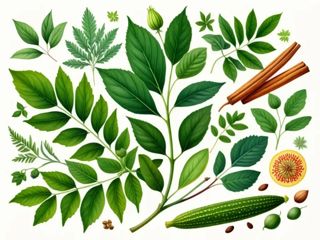 Una hermosa ilustración acuarela de plantas medicinales para controlar diabetes, con detalles delicados y colores vibrantes