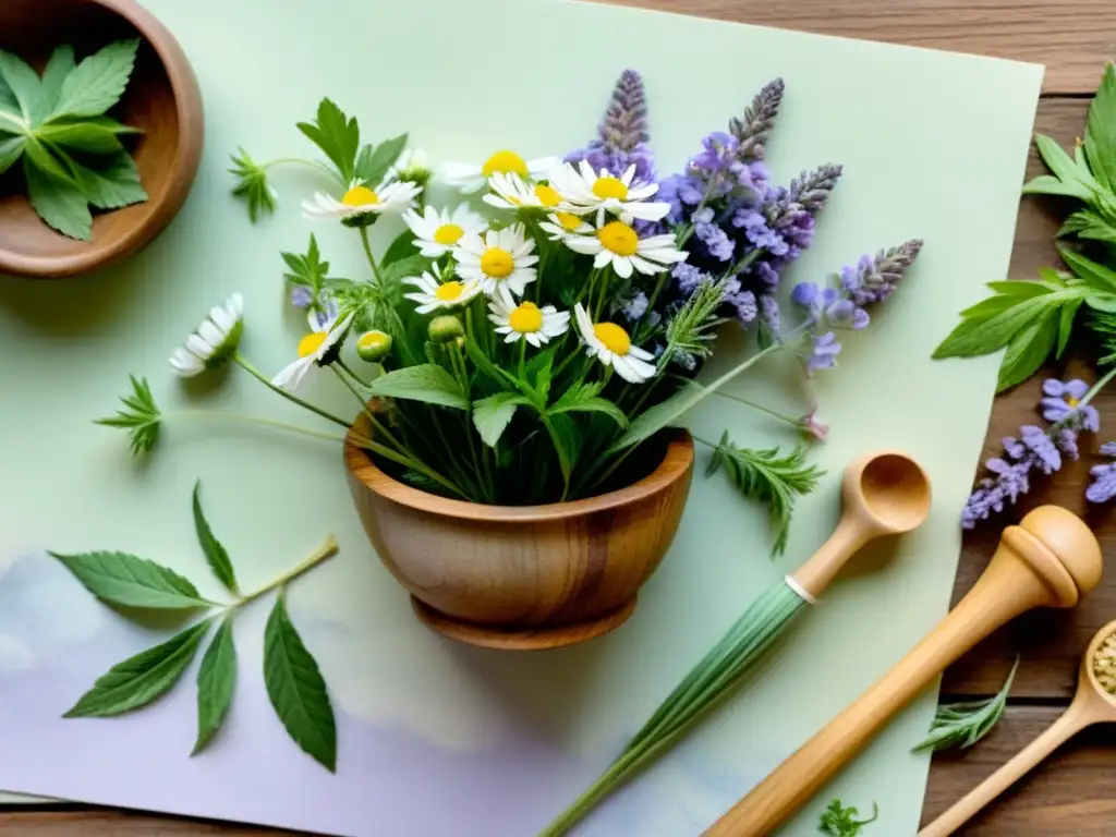 Armoniosa ilustración acuarela de plantas medicinales en mortero de madera Una hermosa ilustración acuarela de plantas medicinales en un mortero de madera rústico