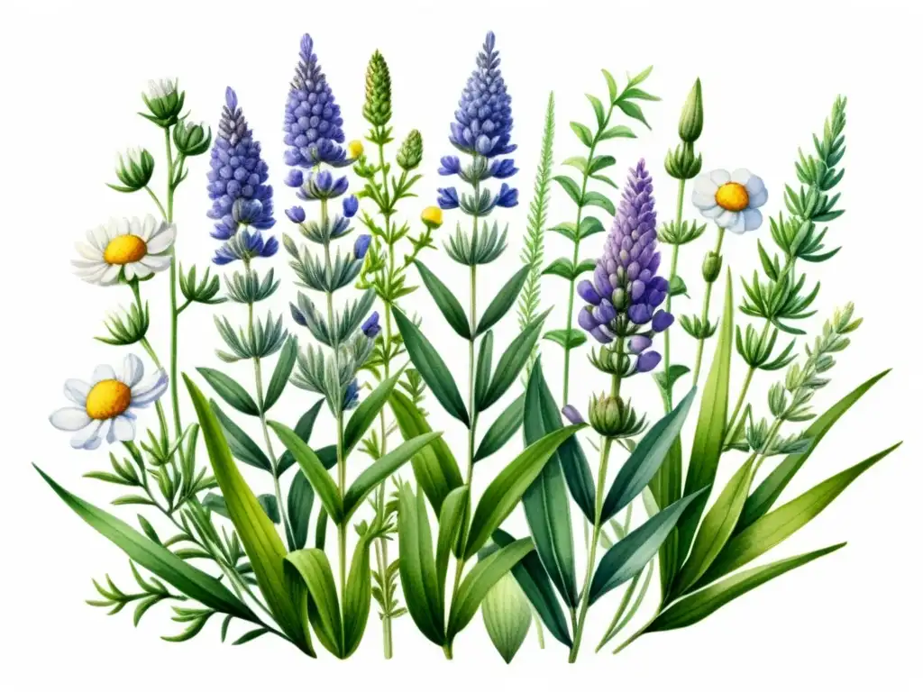 Una hermosa ilustración acuarela de plantas medicinales vibrantes, como lavanda, manzanilla, romero y sábila, en una composición botánica elegante