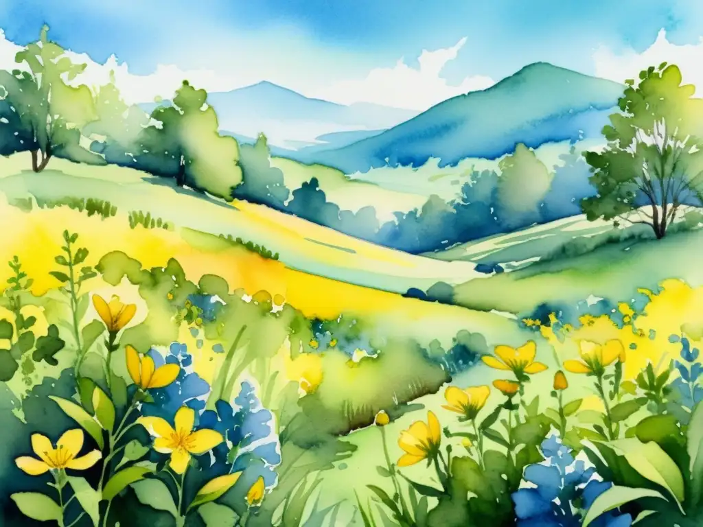 Una hermosa ilustración acuarela de un prado exuberante con flores de hipérico amarillo rodeado de un bosque sereno y cielo azul