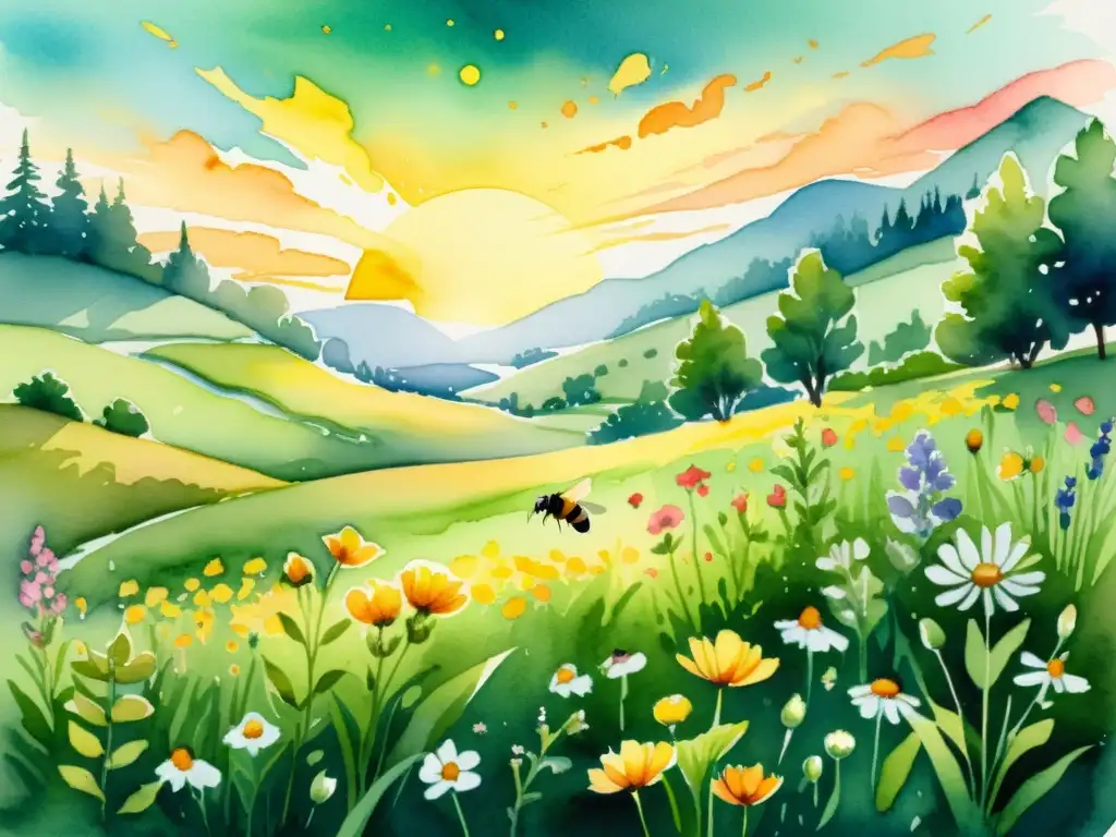 Una hermosa ilustración acuarela de un prado verde exuberante con flores de pasiflora en diferentes etapas de floración