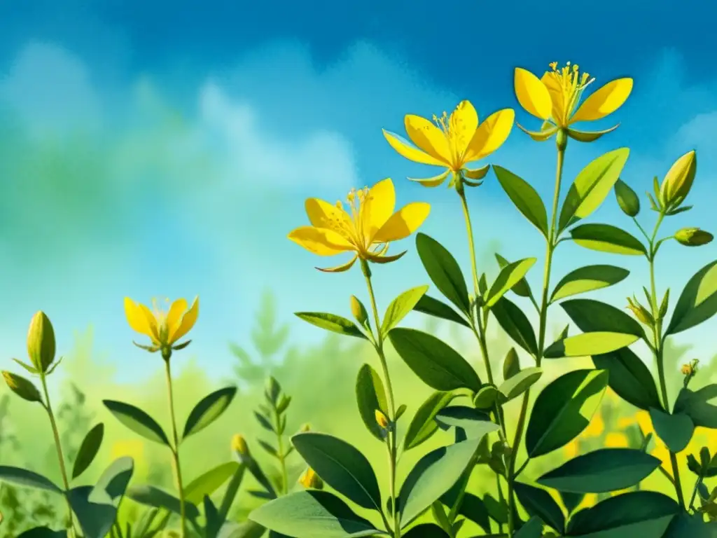 Hermosa ilustración acuarela de prado verde con flores de hierba de San Juan antidepresiva bajo cielo azul claro