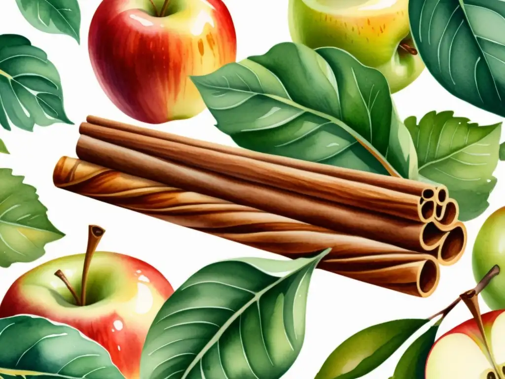 Una hermosa ilustración acuarela de una ramita de canela rodeada de finas rodajas de manzana, con luz dorada filtrándose a través de las hojas de un árbol de canela en el fondo