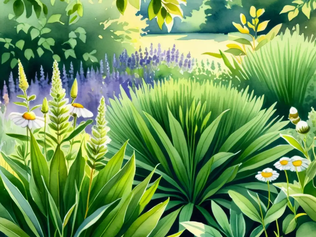Hermosa ilustración acuarela de un jardín sereno con plantas medicinales, ideal para aplicaciones terapéuticas plantas medicinales