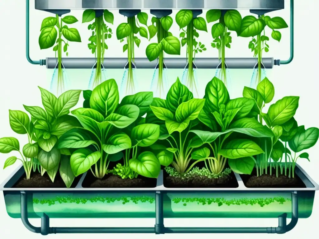 Hermosa ilustración acuarela de un sistema hidropónico con lechugas y hierbas vibrantes