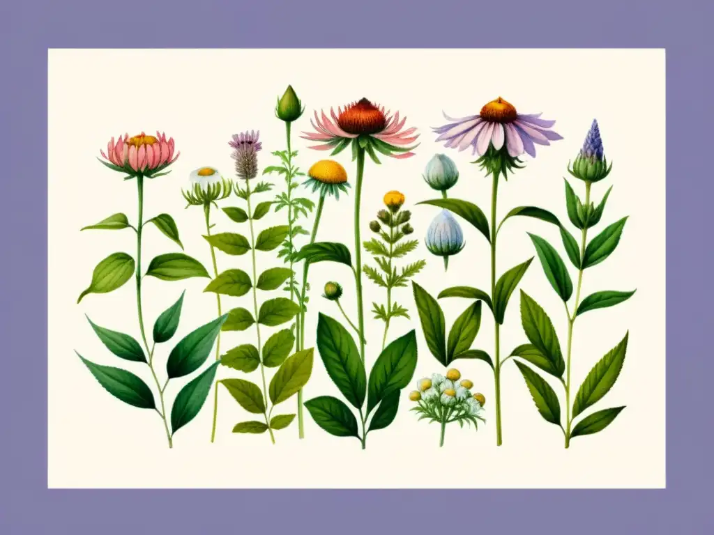 Una hermosa tabla de dosificación de plantas medicinales, con ilustraciones detalladas de echinacea, manzanilla, ginseng y lavanda